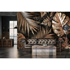 Eine Fototapete mit glänzenden goldenen Blättern in einem botanischen Dschungel-Design für das Wohnzimmer.