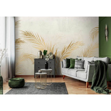 Eine Fototapete mit Blattgold auf einem Betonhintergrund, gedruckt auf Vliestapete, ideal für ein Wohnzimmer.