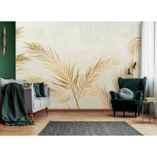 Eine Fototapete mit Blattgold auf einem Betonhintergrund, geeignet für ein Wohnzimmer.