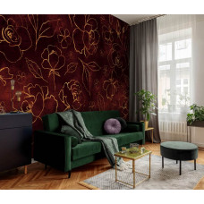 Eine Fototapete im Malstil mit goldenen Blumen und Blättern, die im Wohnzimmer ausgestellt wird.