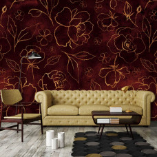 Eine Fototapete im Malstil mit goldenen Blumen und Blättern, die im Wohnzimmer ausgestellt wird.