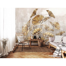 Eine Fototapete mit goldenen Blumen auf einer Betonwand mit Malerei von künstlichen Pflanzen im Wohnzimmer.