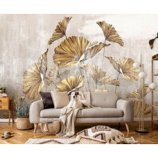 Eine Fototapete mit goldenen Blumen auf einer Betonwand mit Malerei von künstlichen Pflanzen im Wohnzimmer.