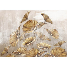 Goldene Blumen auf einer Betonwand, kunstvoll dargestellt in einer Kombination von Pflanzen und Blumen auf dieser Fototapete.