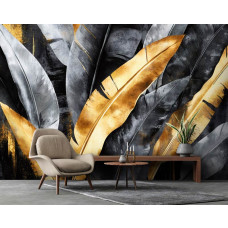 Fototapete mit Dschungelblättern und goldenen Akzenten, die zusammen ein luxuriöses und exotisches Aussehen in einem Geschäftsraum schaffen.