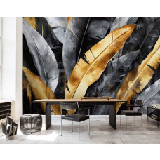 Fototapete mit Dschungelblättern und goldenen Akzenten, die zusammen ein luxuriöses und exotisches Aussehen in einem Büro schaffen.