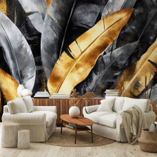 Fototapete mit Dschungelblättern und goldenen Akzenten, die zusammen ein luxuriöses und exotisches Aussehen auf Vliestapete schaffen.