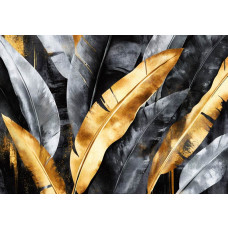 Fototapete mit Dschungelblättern und goldenen Akzenten, die zusammen ein luxuriöses und exotisches Aussehen schaffen.