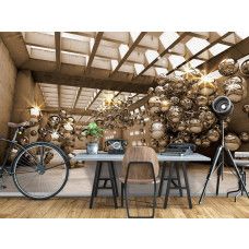 Eine Fototapete mit einer 3D-Darstellung eines goldenen Gebäudes mit Stahlkugeln, ideal für das Büro.