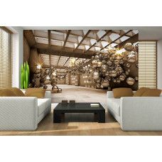 Eine Fototapete mit funkelnden goldenen Elementen in einem modernen Design für das Wohnzimmer.