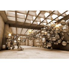 Fototapete mit goldenem Gebäude in 3D, funkelnden Stahlkugeln und abstrakten Formen.