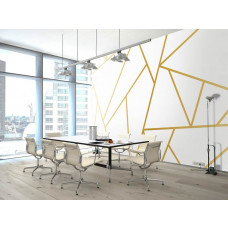 Eine Fototapete mit goldenen geometrischen Linien und abstrakter Kunst in einem Büro.