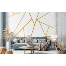 Eine Fototapete mit goldenen geometrischen Linien und abstrakter Kunst im Wohnzimmer.