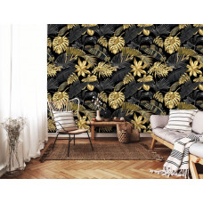 Eine Fototapete mit goldenen Blättern und einer Dschungelinspiration, ideal für ein Wohnzimmer.