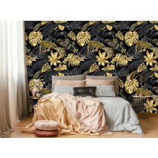 Eine Fototapete mit botanischen Blättern in Goldtönen, geeignet für ein Schlafzimmer.