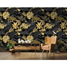 Eine Fototapete mit tropischen Blättern in Goldtönen, speziell für ein Wohnzimmer entworfen.