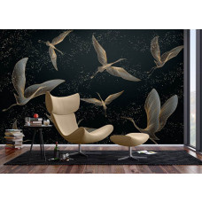 Ein Fototapete mit goldenen Kranichen im Wohnzimmer, bei dem die eleganten Vögel und warmen Goldtöne eine raffinierte und ruhige Atmosphäre schaffen.