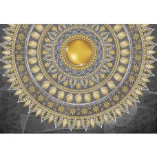 Goldenes Mandala auf einem grauen Hintergrund, dargestellt in einer künstlerischen Fototapete mit Raffinesse.
