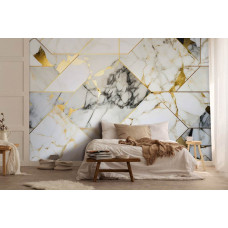 Eine Fototapete mit einem goldenen Marmor Geometrie abstraktes Design in einem Schlafzimmer mit einem modernen Ambiente.