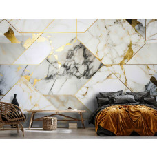 Eine Fototapete mit einem goldenen Marmor Geometrie abstraktes Design auf Vliestapete in einem Schlafzimmer mit eleganten Tönen.
