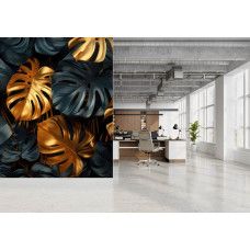 Fototapete mit botanischem Jungle Design und goldenen Akzenten im Büro.