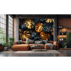 Fototapete Goldene Monstera Blätter im Jungle Stil im Wohnzimmer.