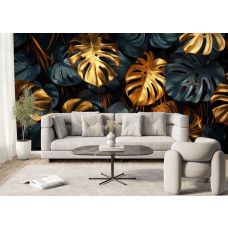 Fototapete mit Jungle Stil und goldfarbenen Monstera Blättern im Wohnzimmer.