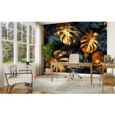 Fototapete mit goldenen Monstera Blättern im Jungle Stil im Büro.