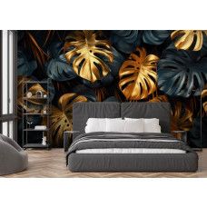 Fototapete mit goldfarbenen Monstera Blättern und Jungle Atmosphäre im Schlafzimmer.