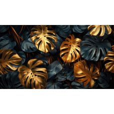 Fototapete Goldene Monstera Blätter im Jungle Stil mit luxuriösen Goldakzenten und dunklem Hintergrund.