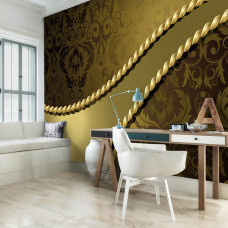 Eine goldene Ornament-Fototapete im modernen abstrakten Stil, geeignet für ein Büro.