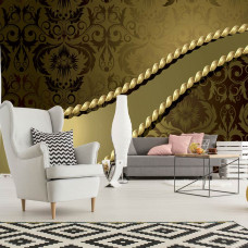 Eine goldene Ornament-Fototapete im modernen abstrakten Stil in einem stilvollen Wohnzimmer.