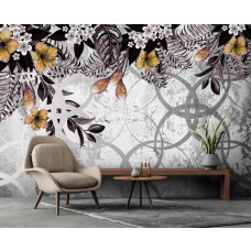 Eine verschnörkelte Fototapete mit goldenen Pflanzen auf einer Betonwand, gesehen im Wohnzimmer.