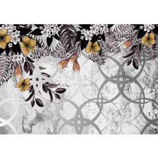 Fototapete mit goldenen Pflanzen auf einer Betonwand, verschnörkeltes florales Design.