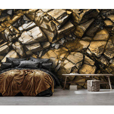 Eine Fototapete mit goldenen Felsen und Steinen für das Schlafzimmer.
