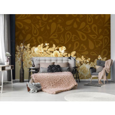 Eine Fototapete mit goldenen Rosen und abstrakten Kunstblumen.