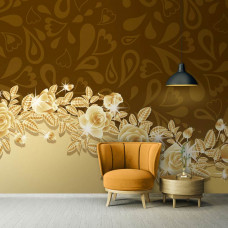 Eine Fototapete mit abstrakten goldenen Rosen und Blumendetails für das Wohnzimmer.