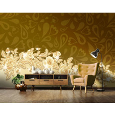 Eine Fototapete mit goldenen Rosen und Blumendetails in einem abstrakten Muster für das Wohnzimmer.