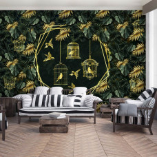 Eine Fototapete mit goldenen Vögeln im Dschungel, mit Blättern und Vogelkäfigen auf Vliesbehang für das Wohnzimmer.