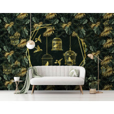 Eine Fototapete mit goldenen Vögeln im Dschungel, mit Blättern und Vogelkäfigen für das Wohnzimmer.