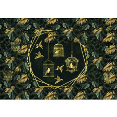 Eine Fototapete von goldenen Vögeln im Dschungel, umgeben von Blättern und Vogelkäfigen.