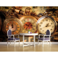 Eine Fototapete mit einem Retro-Look von goldenen Taschenuhren und einer Uhr in einer Küche.