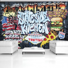 Eine Fototapete mit Graffiti-Burgern für ein Wohnzimmer oder eine Küche.