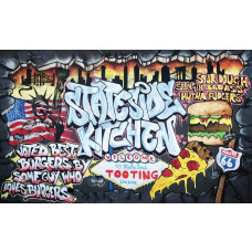 Fototapete mit Graffiti-Burgern, verspielt und modern.