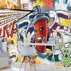Fototapete mit Graffiti, Spraydose und abstraktem Kunstwerk auf Vliestapete, ideal für Kinderzimmer und Büro.