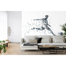 Eine Fototapete mit einer grafischen Darstellung eines Fußballers in Aktion in einem Wohnzimmer.