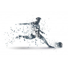 Grafische Fototapete eines Fußballers in Aktion, gerendert mit kühnen Linien und Formen, die die Bewegung des Spiels betonen.