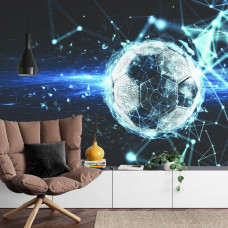 Eine Fototapete mit einer 3D-Grafikdarstellung von Fußball-Leidenschaft in einem Wohnzimmer.