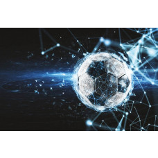 Eine 3D-Fototapete mit einer 3D-Grafikdarstellung eines Fußballs in Aktion, wobei der Ball Geschwindigkeit und Kraft ausstrahlt.