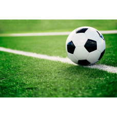 Fototapete eines Fußballs, der auf einer Wiese liegt, bereit für den Einsatz während eines spannenden Moments im Spiel.